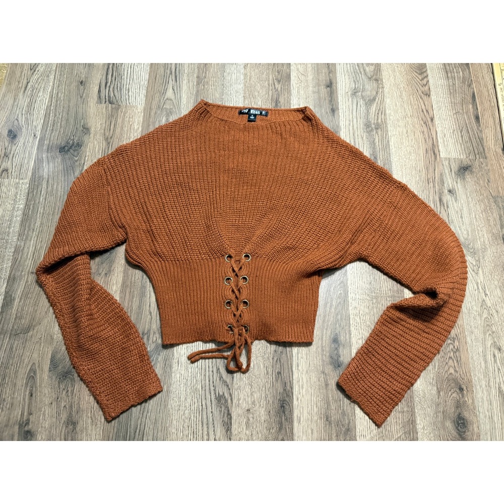 Say What? Sweater Womens Size M Rust Brown Lace Up Front Long Sleeve Knit Crop